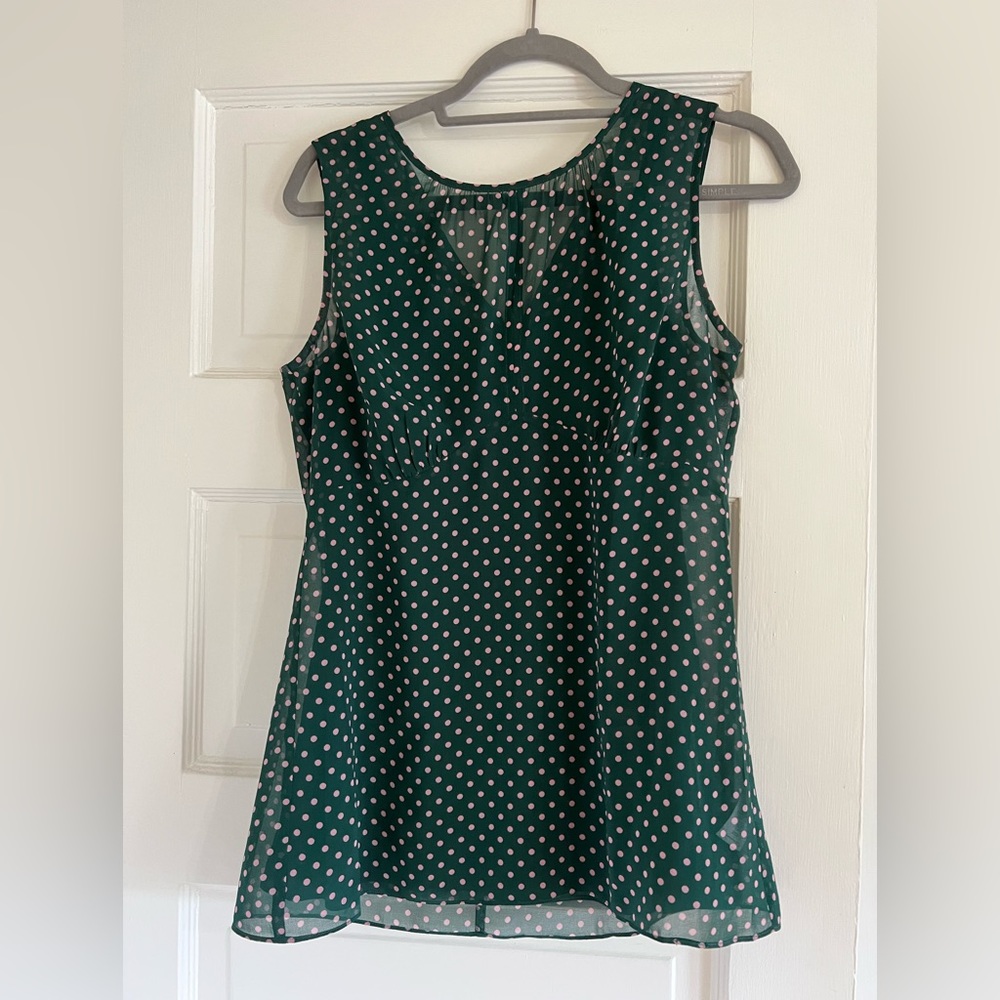 Cabi Sleeveless Blouse Fit and Flare - Green and Pink Polka Dot